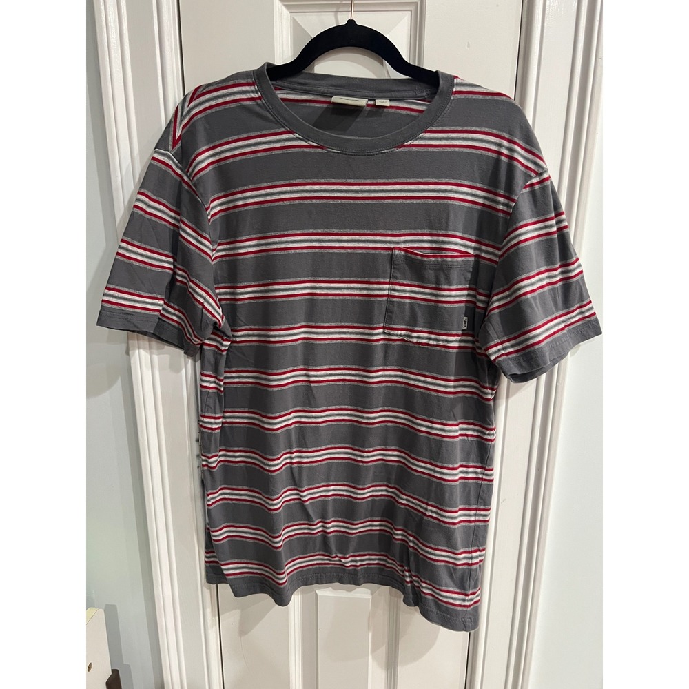 Vans Off The Wall Mens Large Striped Pocket T-Shirt Grey Red White Crewneck Tee